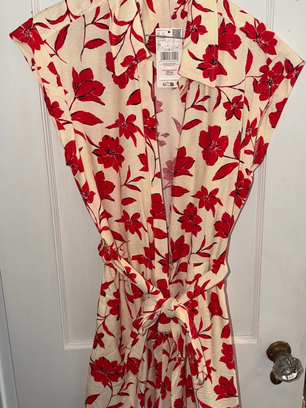 Cream & Red Floral Romper with Tie Waist